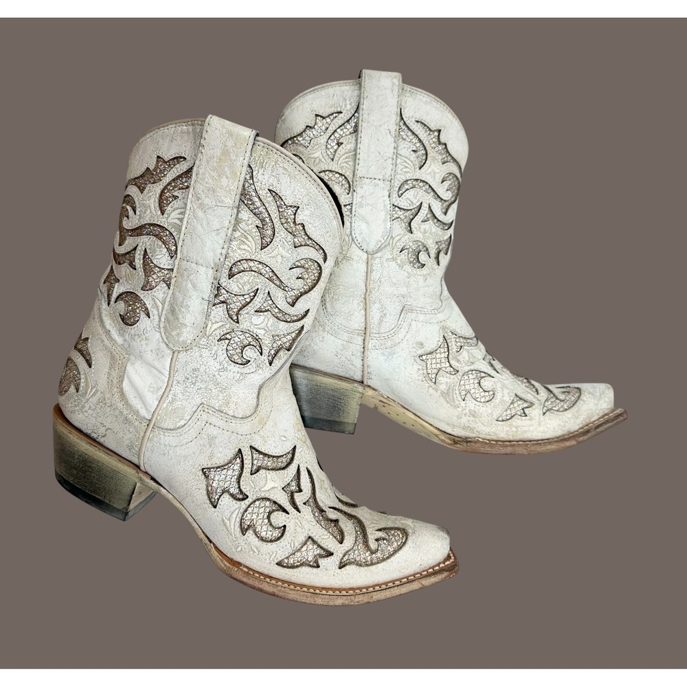 JB Dillon Reserve White Rhinestone Distressed Glitter Inlay Western Boots 8B